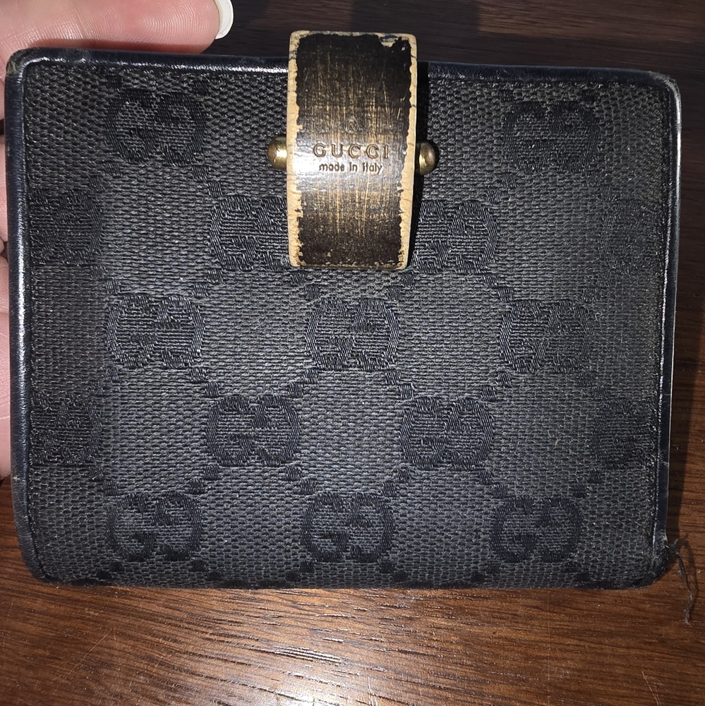 Gucci Black Canvas Wallet with Wooden Clasp And COA